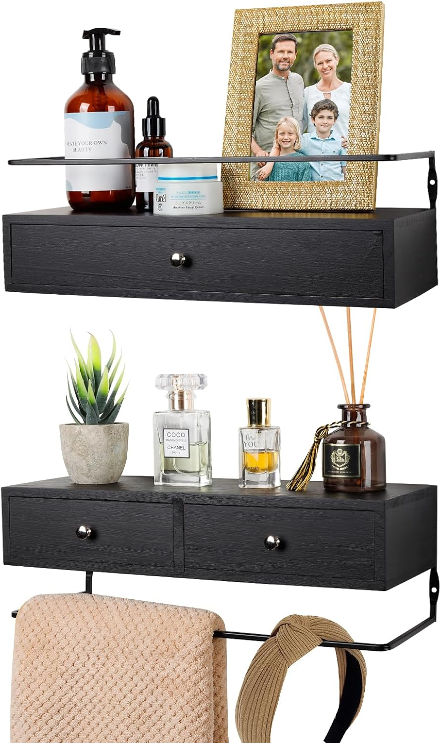 Floating Shelves for Wall Decor Storage, Wall Mounted Bathroom Shelf, Rustic Wood Wall Shelves with Drawers Set of 2 - for Home Decor, Bathroom and Room Decor, Kitchen Storage (Black)