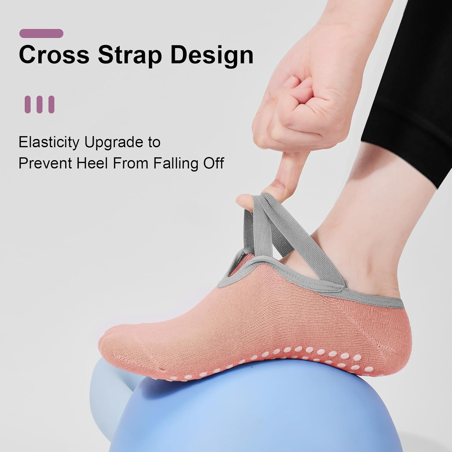 3 Pairs Pilates Socks with Cross-Straps for Women, Anti-Slip Pilates & Yoga Socks with Grips for Ygoa, Barefoot Exercises, Hospital, Indoor Workouts - Beige+Milk Tea+Grey image number 5