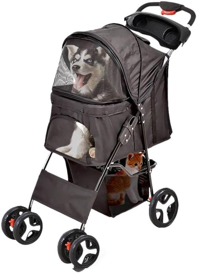 Pawz 4 Wheels Pet Stroller Dog Cat Cage Puppy Pushchair Travel Walk Carrier Pram Black, Collapsible for Storage Travel Pet Pram, Removable Cushion Dog Car Seat, Dog Cat Stroller with Coffee Cup Holder