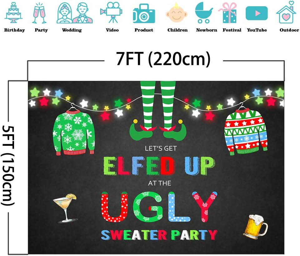 Mocsicka Elfed up Ugly Sweater Party Backdrop Christmas Ugly Sweater Photography Background 7X5Ft Vinyl Christmas Holiday Ugly Sweater Party Backdrops image number 3