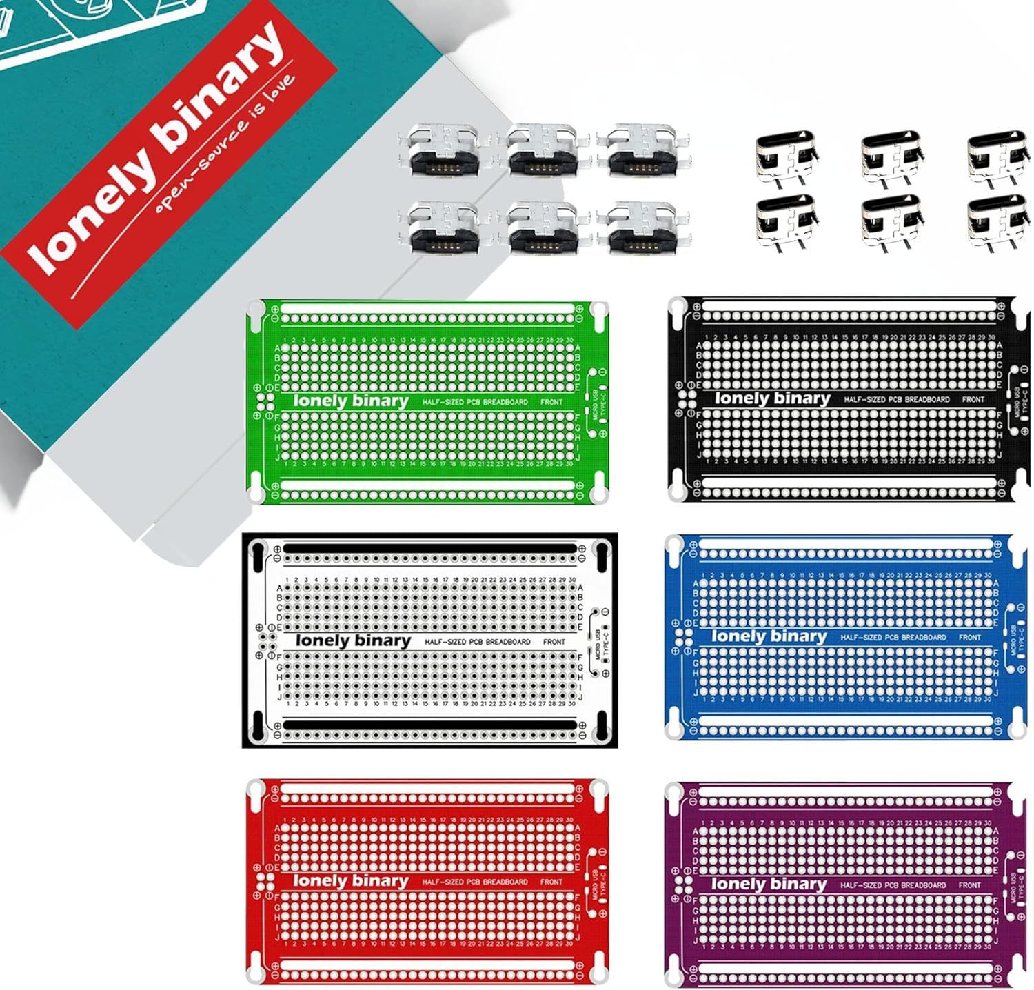 Lonely Binary 6-Pack Prototype PCB Half-Size Breadboards &ndash; Assorted Colors with Type-C & Micro USB Ports, Solderable Power Boards for Arduino, Raspberry Pi, ESP32, and DIY Projects image number 4