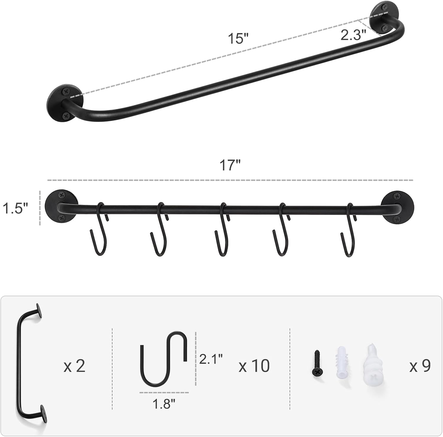 Mkono Mug Holder Wall Mounted Coffee Cup Rack Hanger Modern Metal with 10 Mug Hooks Rustic Utensil Tea Cups Storage Organizer for Kitchen Dining Room Coffee Bar, Set of 2, Black