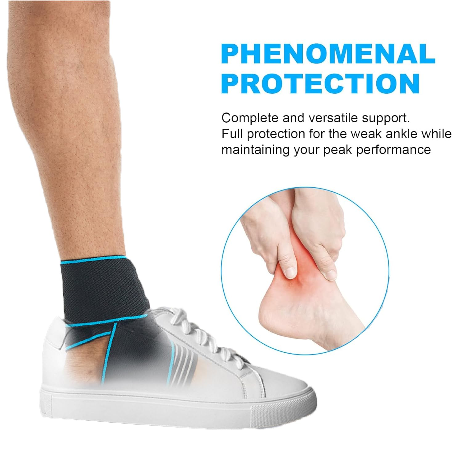 Ankle Brace for Men & Women - Adjustable Compression Ankle Support Wrap - H HOME-MART Perfect Ankle Sleeve Strap for Plantar Fasciitis, Achilles Tendon, Minor Sprains, Sports - Breathable, One Size Fits All (2 Pack) image number 5