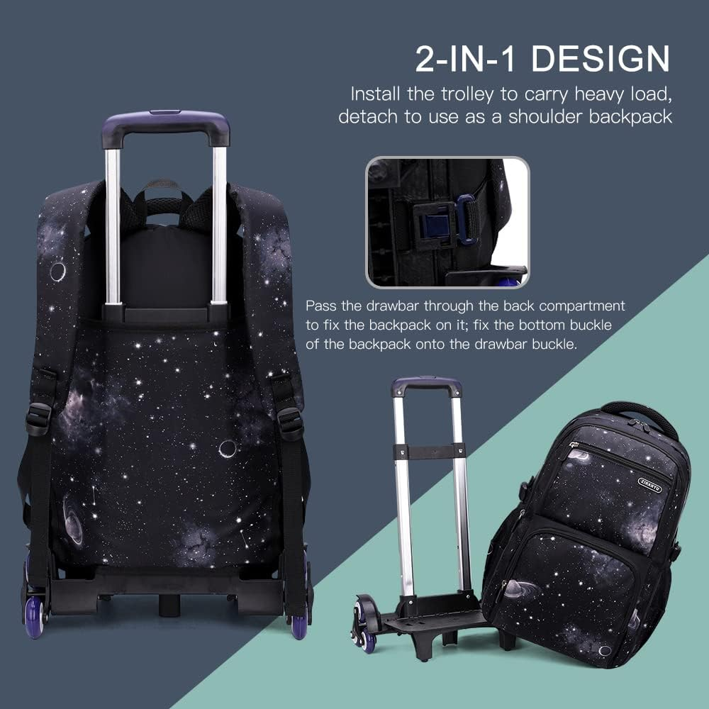 Sazak Kids Rolling Backpack for Boys Girls Luggage Wheeled Backpack Trolley School Bag Bookbag with Lunch Bag Pencil Bag Dark Blue with Stars image number 6