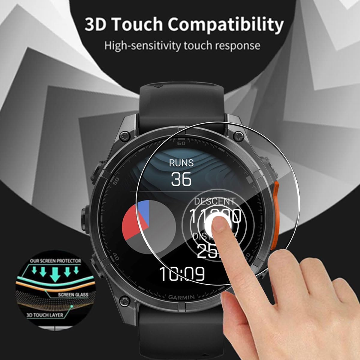 Pack of 3 Screen Protectors Compatible with Garmin Fenix 8 Amoled 51 Mm for Tempered Glass, HD Screen Protector Film, Anti-Scratch, Bubble-Free, High-Resolution Protective Glass image number 6