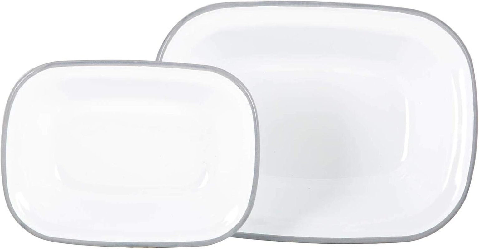 Argon Tableware Enamel Pie Dish Set - 2 Piece - Navy Rim - Dishwasher Safe Pie Dishes Enamel Cookware Oblong Pie Dish Oven Tray Bakeware Pastry Casserole Roasting Tin