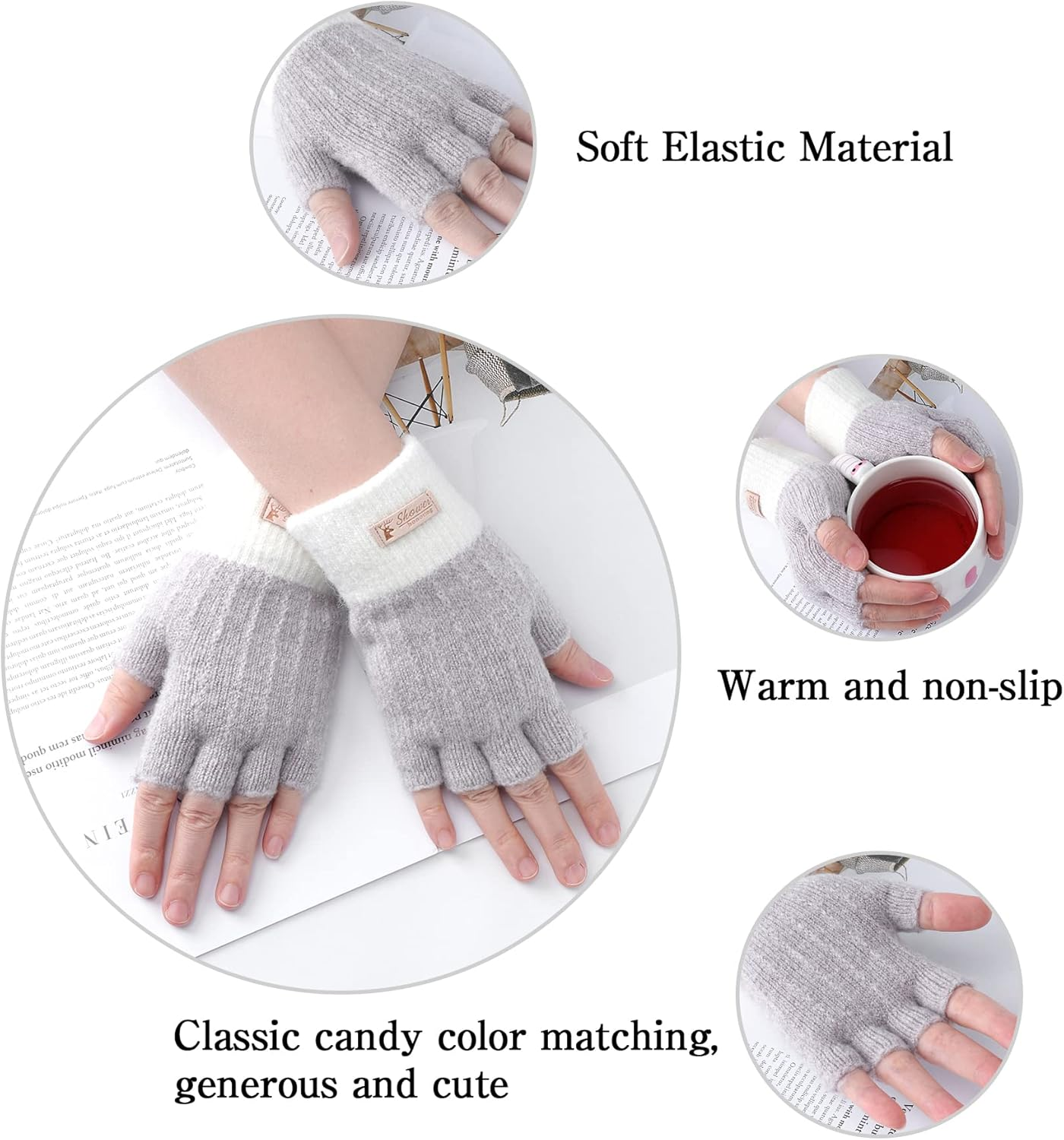 Fingerless Gloves for Women - Winter Thermal Gloves Warm Soft Knit Half Fingers Mittens for Ladies Driving Working Typing UK image number 2