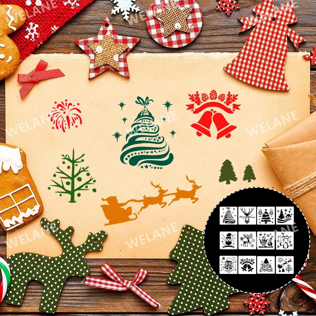 WELANE Christmas Stencils, 12 PCS Plastic Reusable Snowflakes Santa Claus Bells Merry Christmas Painting Stencils for Crafts, Cookie, Paint Decorating (13Cm/5In) image number 2