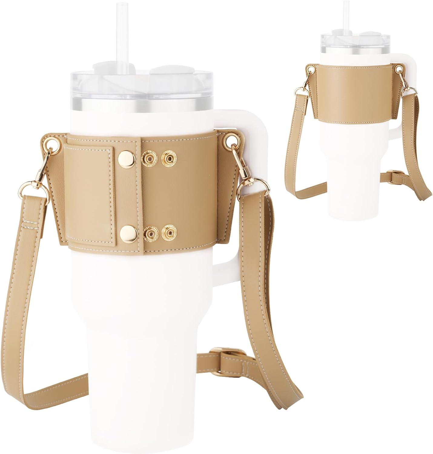 PEUTIER Water Bottle Holder with Strap for Stanley Cup, Adjustable Leather Carrier Strap Water Bottle Bag Compatible with Stanley 40Oz & 30Oz Tumbler with Handle(Apricot)