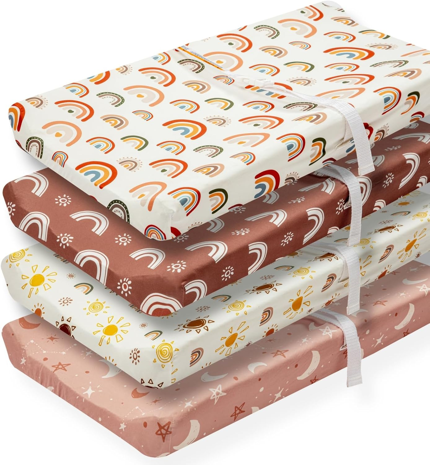 4 Pack Boho Nursery Sheets - Sunshine and Rainbow Design, Neutral Unisex Fitted Baby Changing Pad Cover Sheets for Baby Boys or Girls image number 3