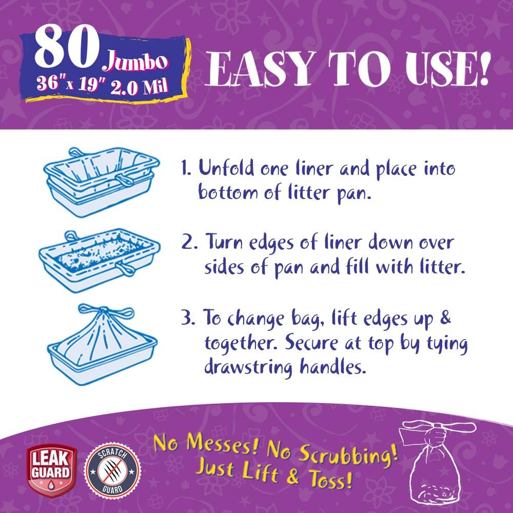 Fresh Kitty 80 Count Litter Box Liners Super Thick, Durable, Easy Clean up Jumbo Drawstring Scented Litter Pan Liners, Bags for Pet Cats