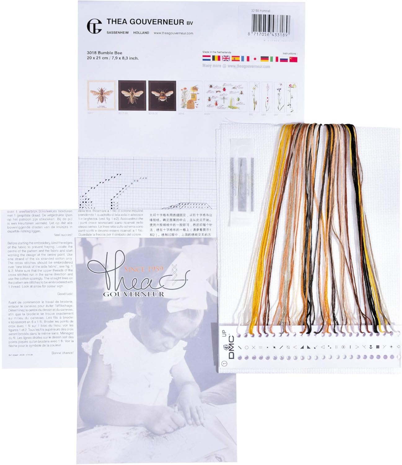 Thea Gouverneur - Counted Cross Stitch Kit - Embroidery Kit - 3018A - Pre-Sorted DMC Threads - Bumble Bee - Aida - 7,9 X 8,3Inch - DIY Kit - Aida image number 6