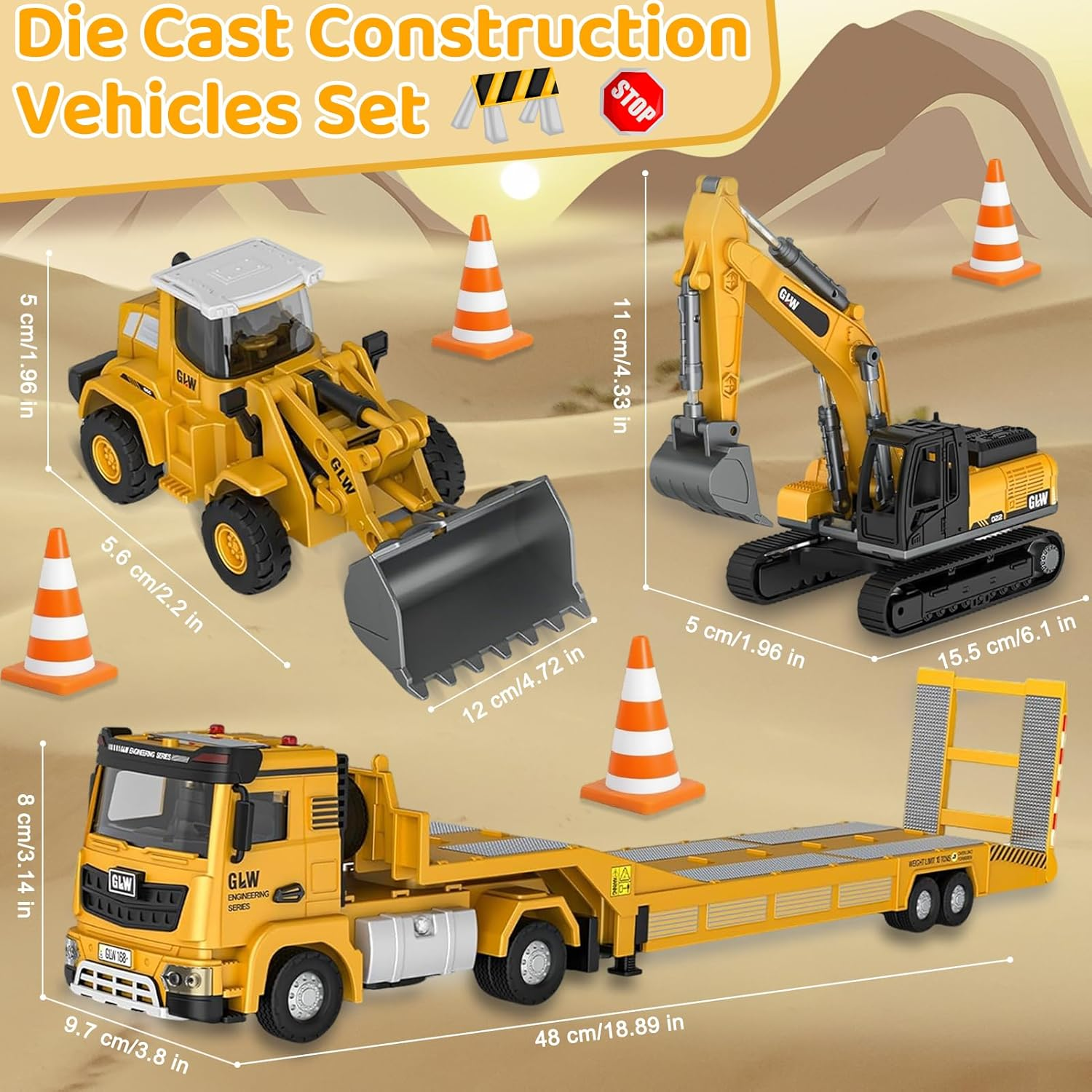 Caunedy Construction Carrier Trucks Toy Set, with Semi Truck, Excavator, Bulldozer, Alloy Engineering Vehicles, Lights & Sounds for Kids 3-7 Years Old Gift image number 3