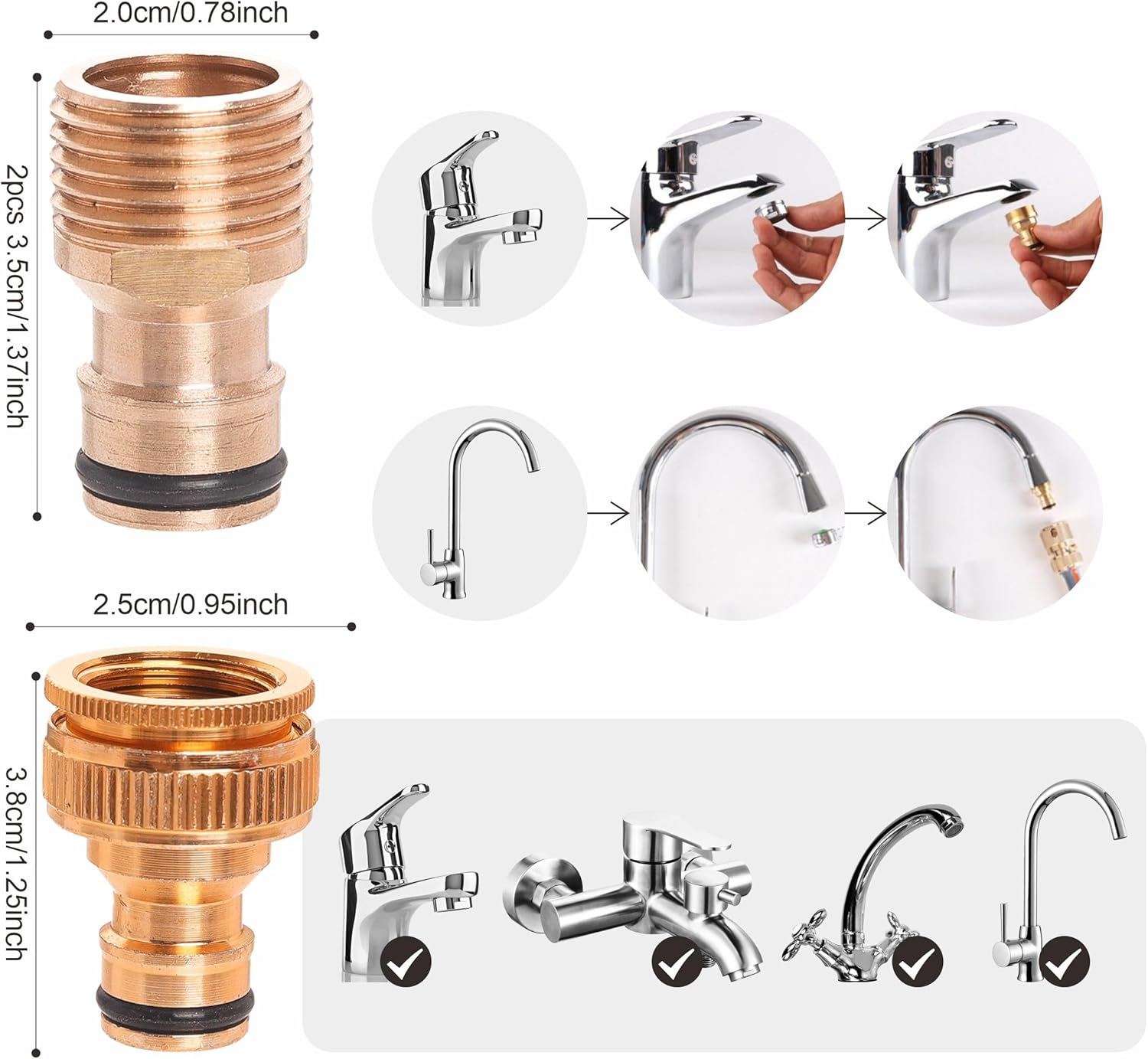 Brass Garden Hose Tap Connector,2Pcs 1/2 Inch Brass Male Threaded Tap Connector for Hose Pipe,1Pcs 1/2 Inch&3/4 Inch 2-In-1 Female Threaded Faucet Adapter Hosepipe Fittings - 12Pack image number 6
