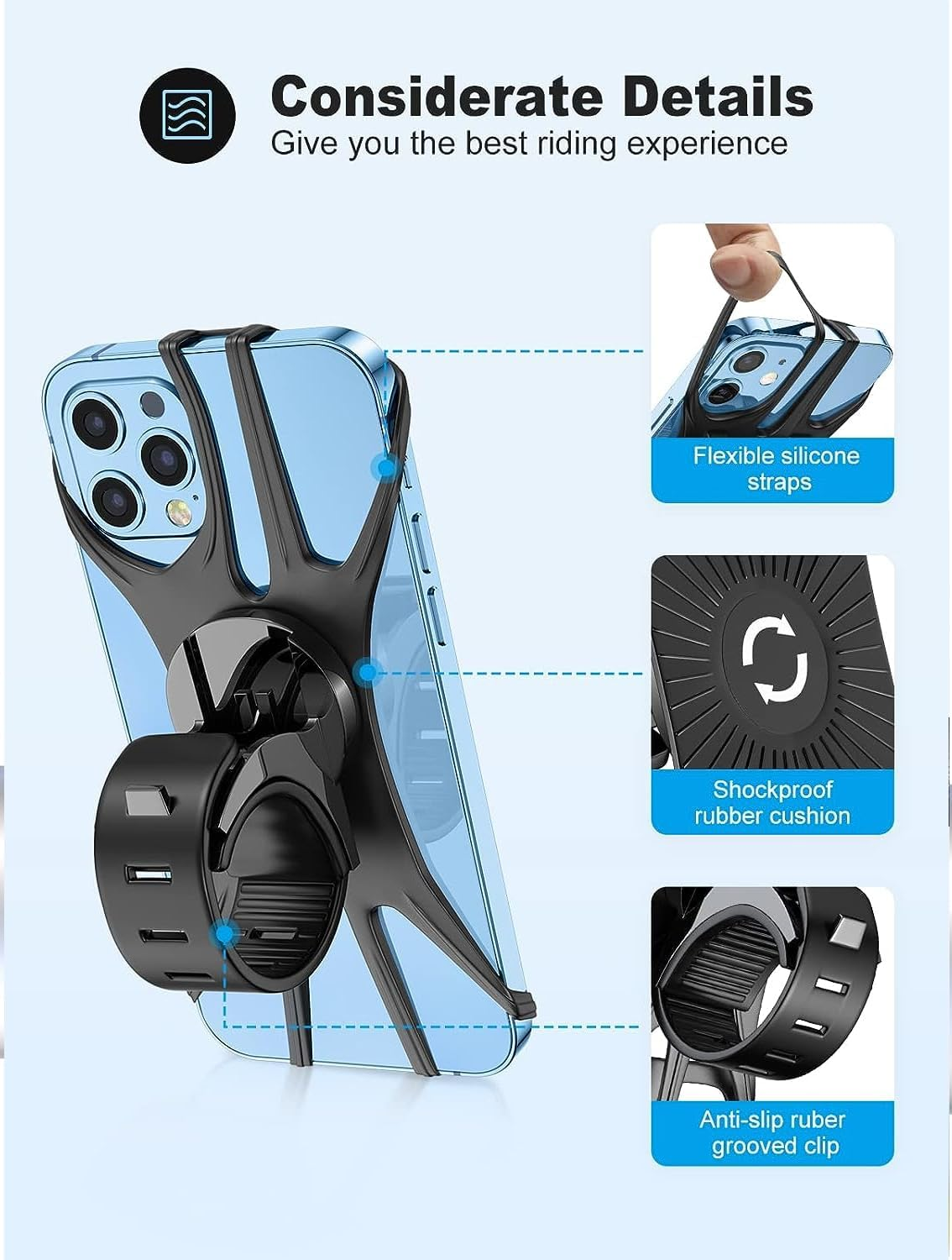 Bike Phone Mount, Universal Bike Phone Holder, 360&deg; Rotatable, Silicone Bicycle Phone Mount Handlebar for Iphones, Galaxy, Xiaomi, Honor, Realme, Huaweii, Pixel, Oneplus and Other 4.5-7.0 Mobile image number 1