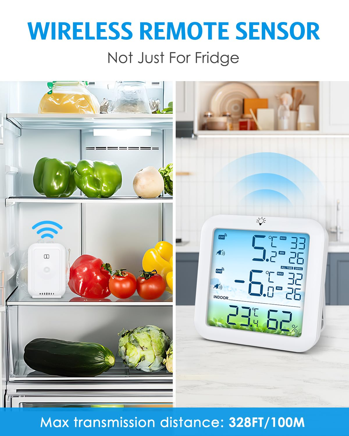 AMIR Wireless Fridge and Freezer Thermometer with Alarm, Max/Min Temperature Records Digital Refrigerator Thermometer, 328FT Remote Range, Magnetic & Stand Options for Kitchen Home Restaurant