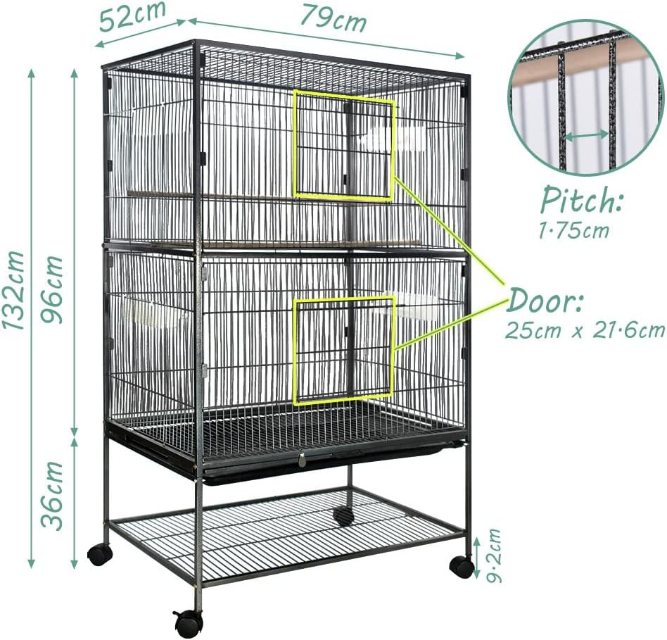Taily Bird Cage Stand-Alone Aviary 132Cm Large Travel Stand Budgie Parrot Birdcage with Removable Tray Black image number 3