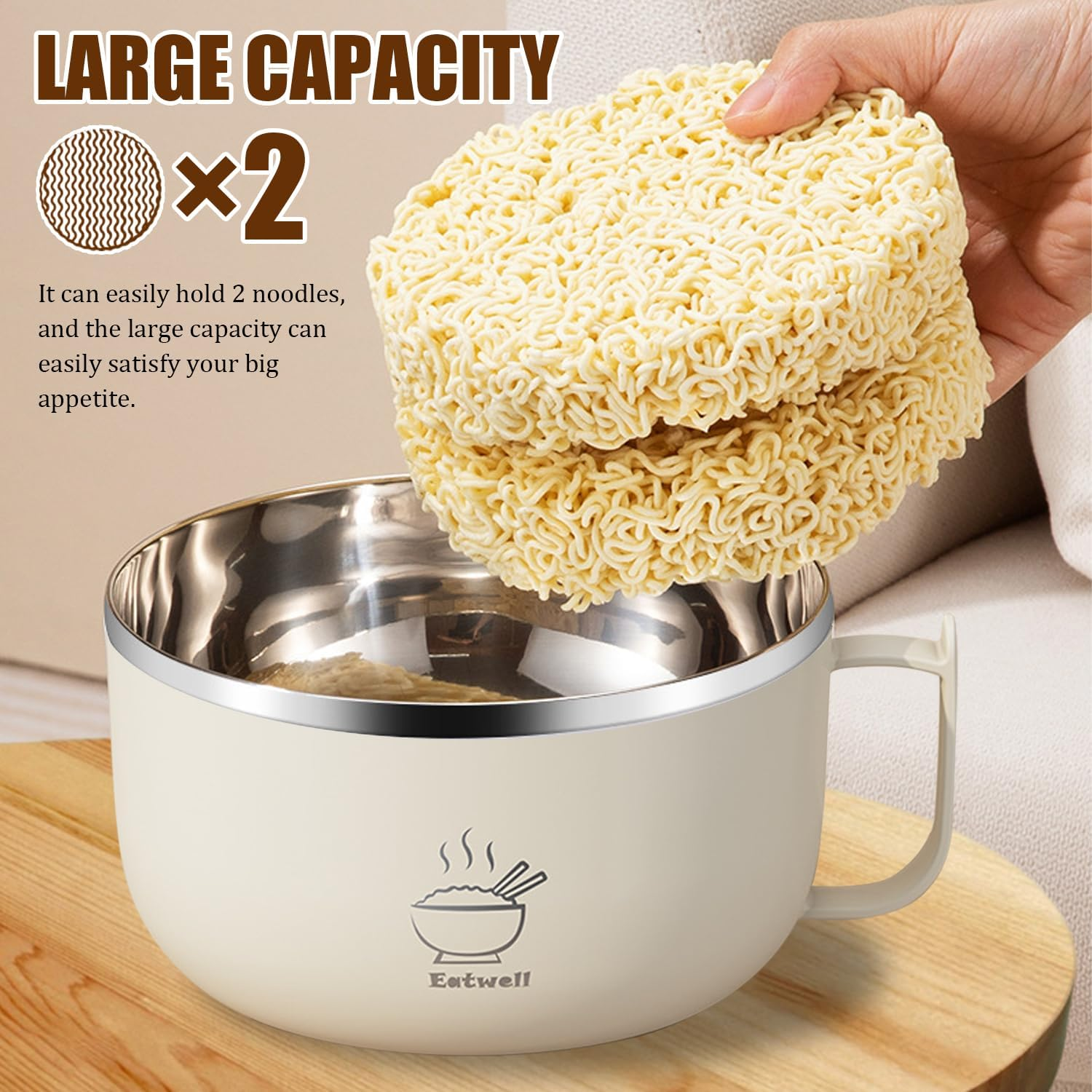 Ramen Bowl Set Noodle Bowls with Lid and Handles, Stainless-Steel Bowls with Drain Hole, Multifunctional Bowl Sets, BPA Free and Dishwasher Safe for Office College Dorm Room Instant Cooking - Beige image number 2