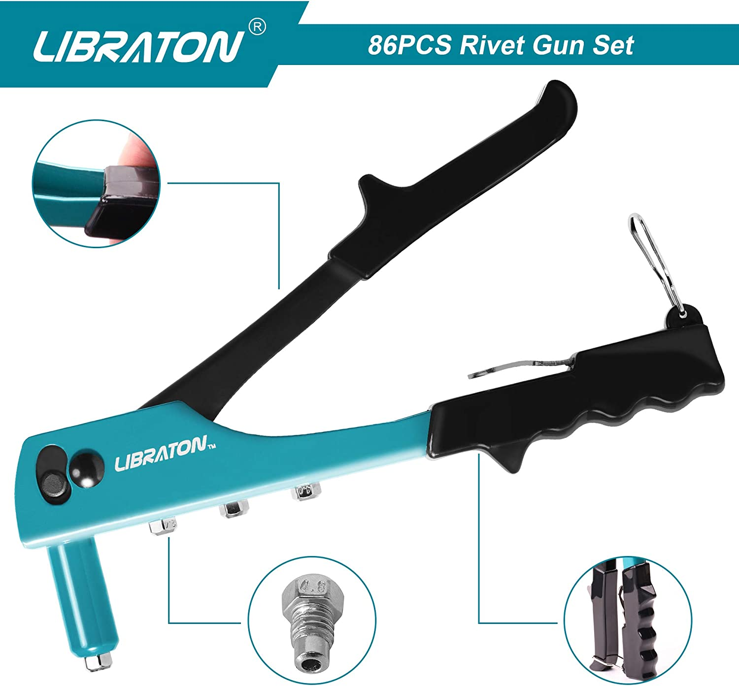 Libraton Rivet Gun, Rivet Gun Kit, Pop Rivet Gun, 80Pcs Metal Rivets and 4 Drill Bits, Heavy Duty Hand Riveter, Rivet Gun Tool for Metal, Automotive, Blind Rivets 3/32" 1/8" 5/32" 3/16" image number 1