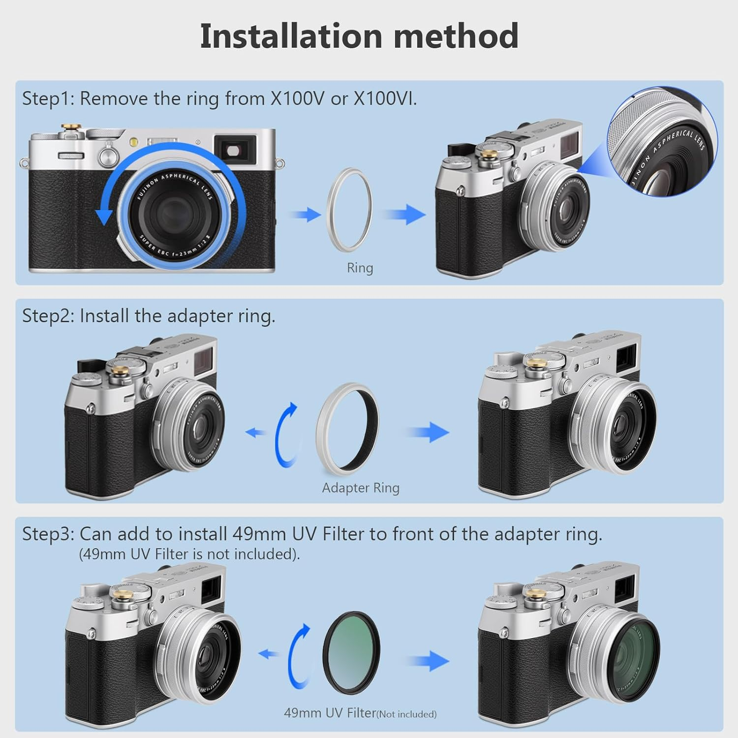 Haoge 49Mm Filter Adapter Ring for Fujifilm Fujinon X100VI X100V Camera Accessories Fit 49Mm UV CPL ND Filter Fit Original Lens Cap Silver LAR-X55S image number 1