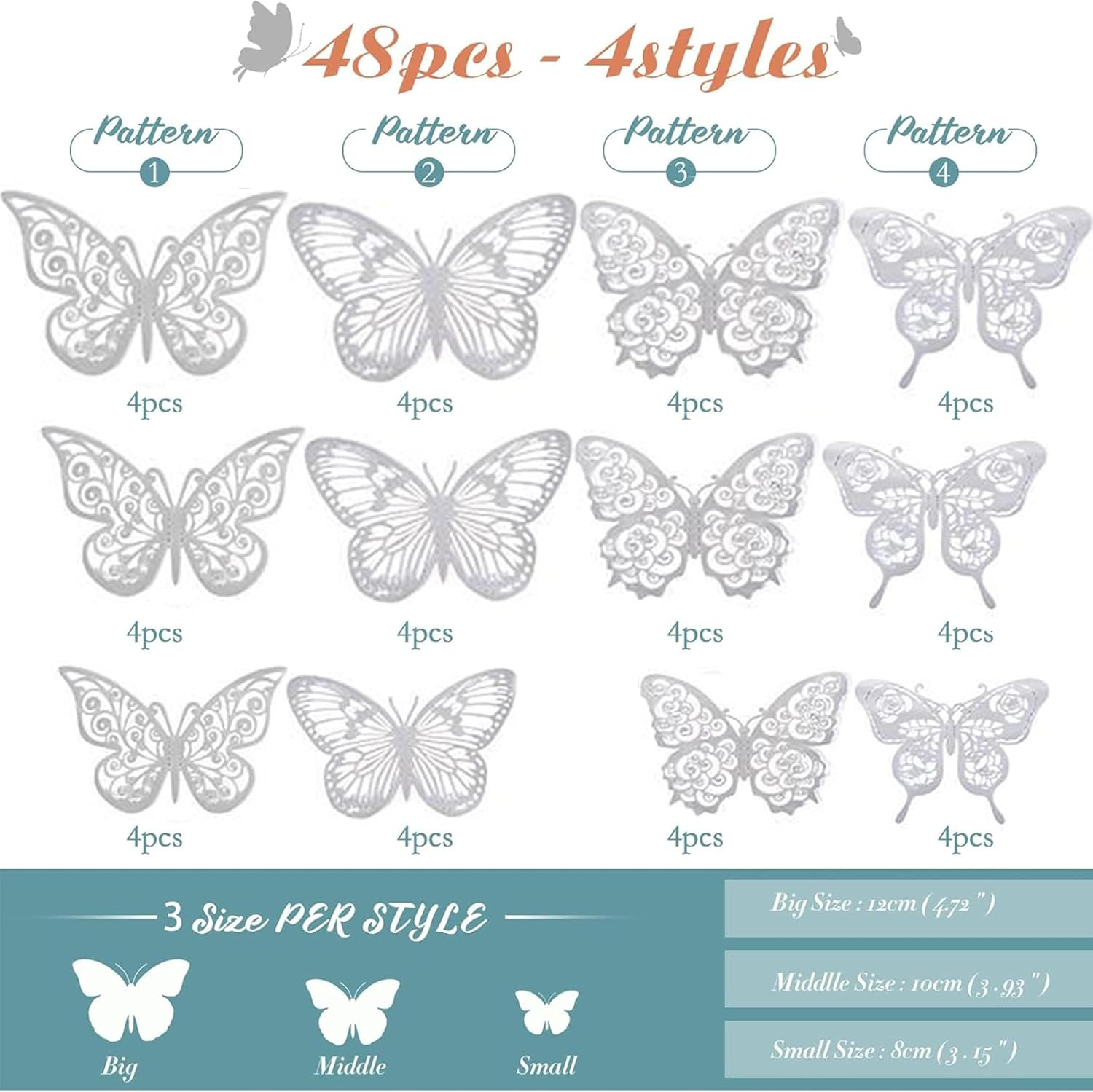 MKUCCD 3D Pink Butterfly Decorations Butterflies Stickers, 48Pcs 4 Styles 3 Sizes Butterfly Wall Decor Party Birthday Cake Decorations,Stickers Decals for Mirror Bedroom Wedding (Silver) image number 4