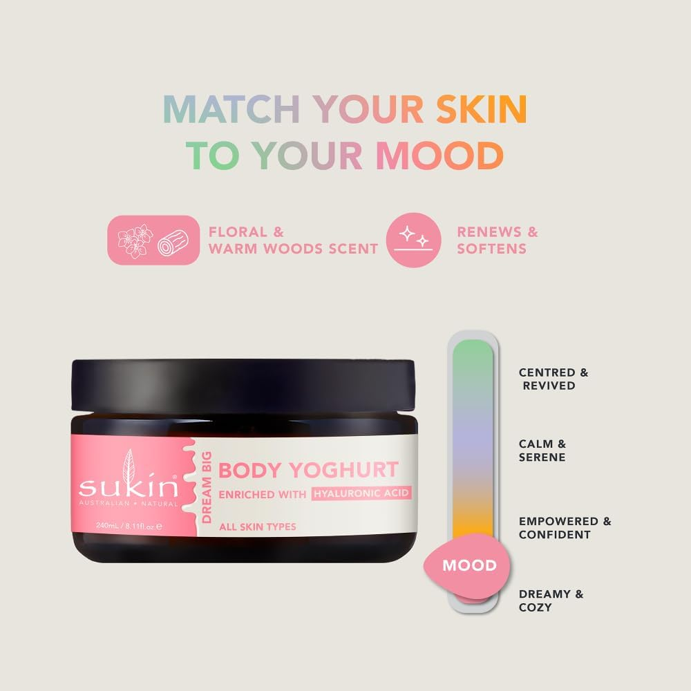 Sukin Moody Body Yoghurt 240Ml Floral & Sandalwood, Natural Hydrating Lotion with Hyaluronic Acid & Chamomile, Australian Made & Owned, Vegan, Cruelty-Free