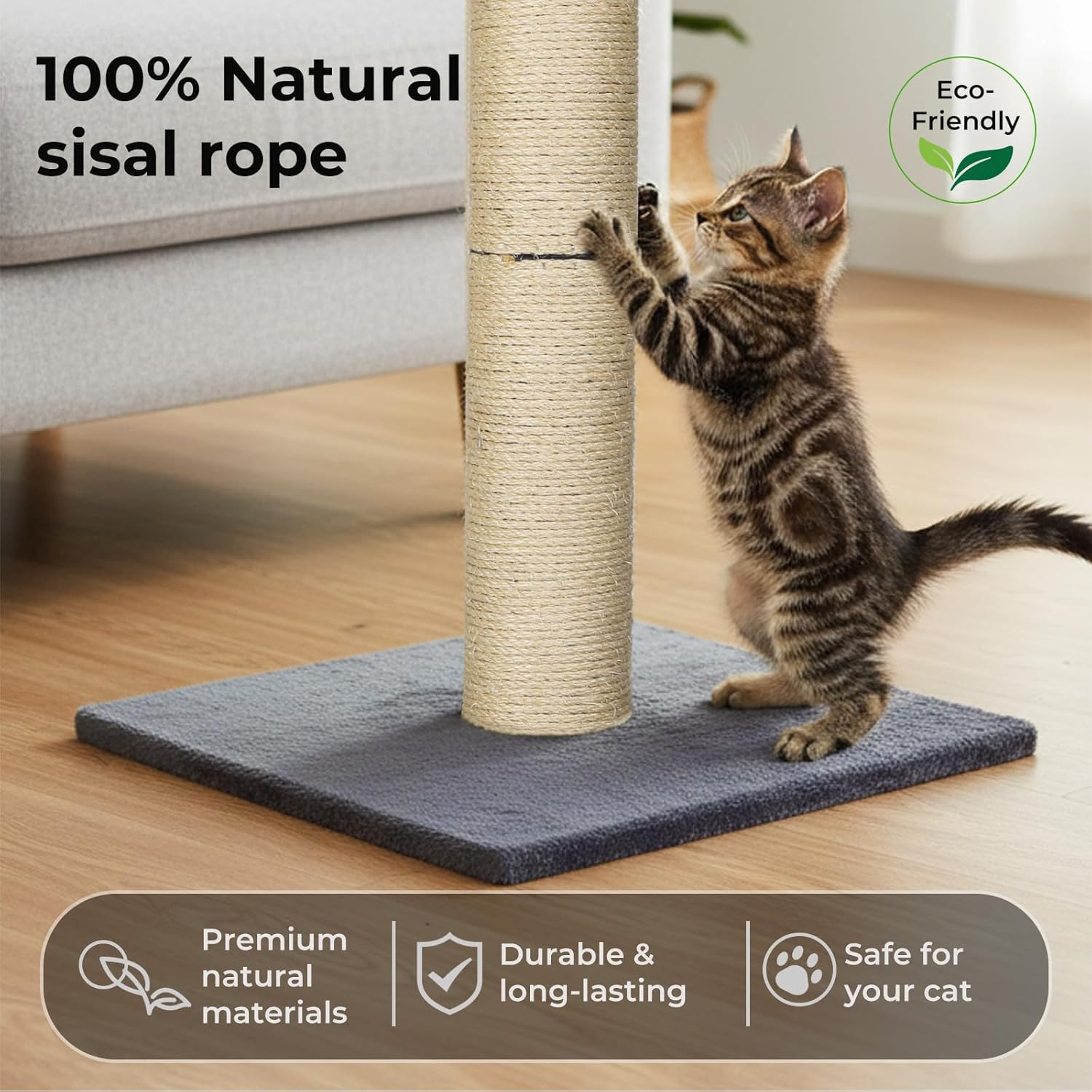Pawz Cat Scratching Post for Indoor Cats and Kittens, 74.5Cm Soft Plush Cat Scratcher Tower with Durable Natura Sisal Rope, Stable Heavy Base, Vertical Cat Activity and Climbing Post, Grey