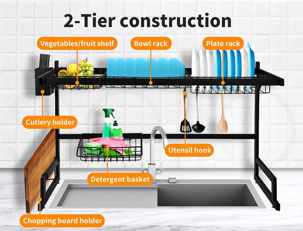 TOQUE over Sink Dish Drying Rack 2 Tier 65Cm Length Double Sink,Stainless Steel Kitchen Drainer Cutlery Utensil Plate Organizer Black,Freestanding Large Storage Multiple Baskets Board for Countertop image number 1