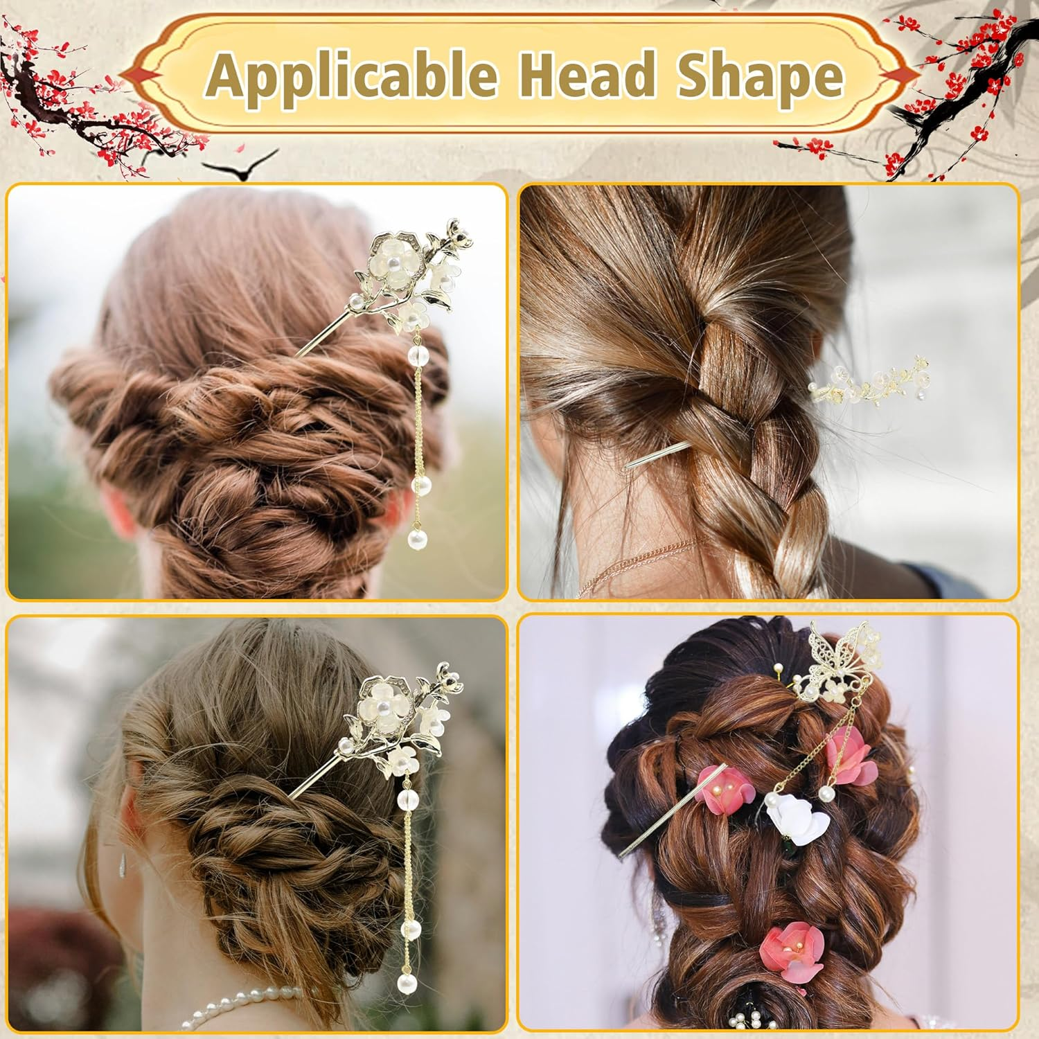 6 Pcs Chinese Hair Sticks with Pendants, Gold Metal Japanese Hair Pin for Long Hair, Retro Chinese Hair Pin for Women, Traditional Hanfu Hair Chopsticks, Hair Flower Accessories (Gold)