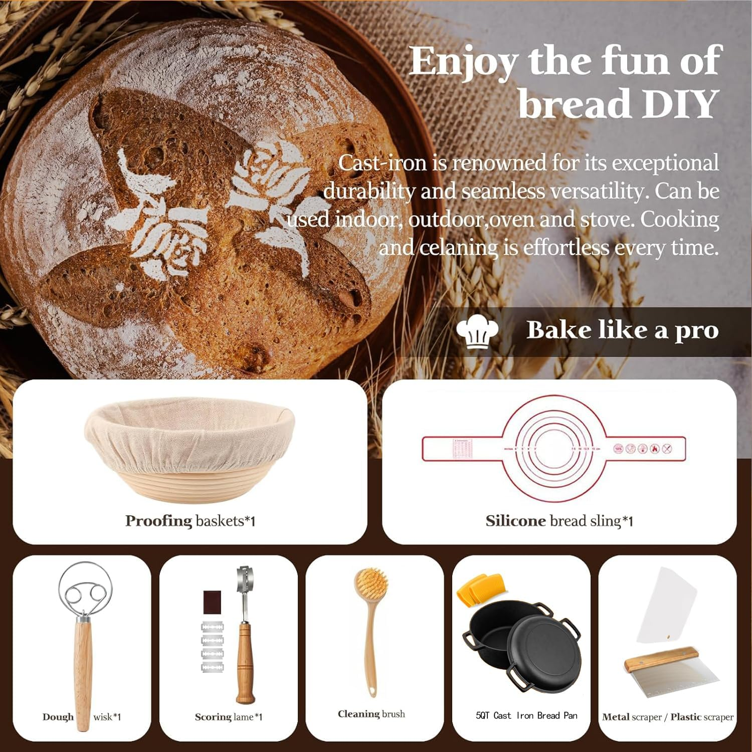 5QT Cast Iron Dutch Oven for Bread Baking, Proofing Basket Sourdough Starter Kit, Bread Making Pan Pot with Lid, Sour Dough Tools Set Includes Lame Supplies,For Family Cooking,Frying,Braising,Bbq,Black.