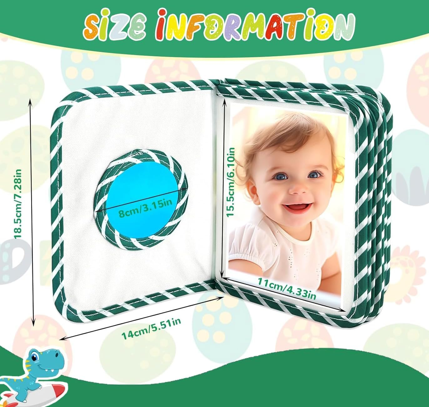 Baby Photo Album, Dinosaur Soft Cloth, First Year Family Memory Book, Crinkle Picture Book, Educational Portable, with Safe Mirror, for Newborns, Toddlers, Baby Shower, Birthday image number 3