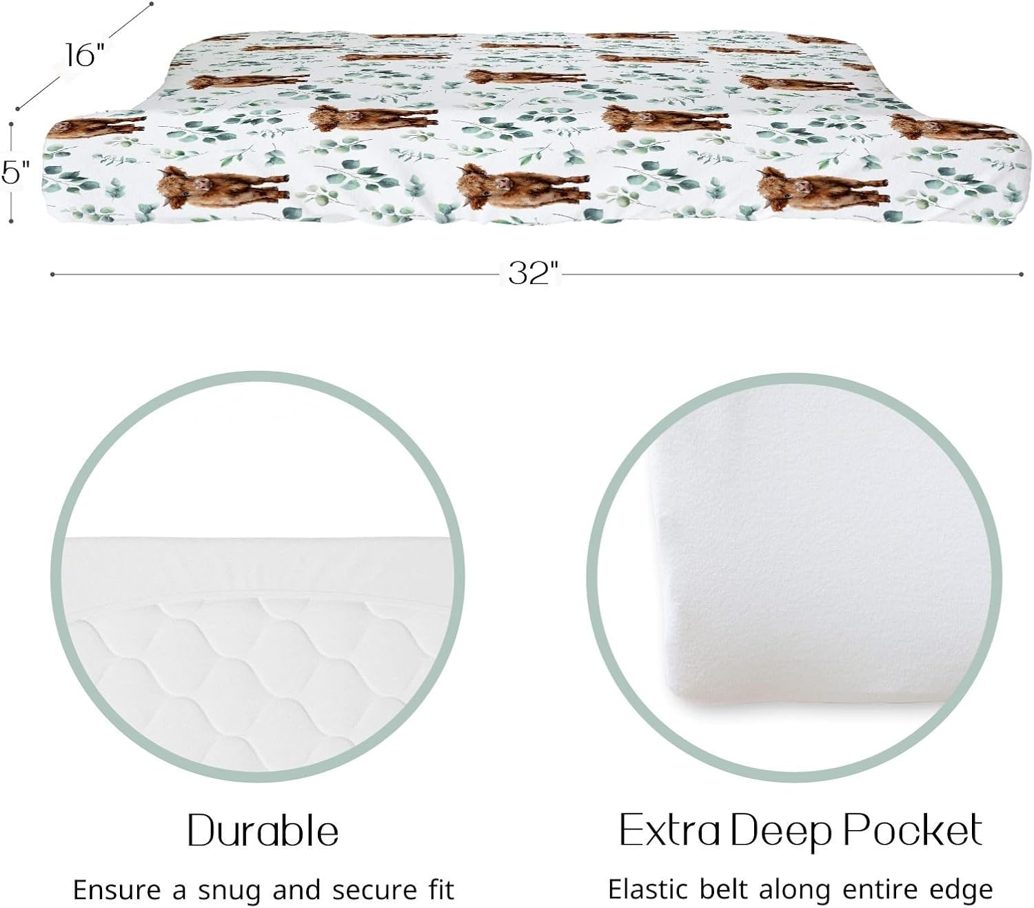 Hawskgfub Highland Cow Eucalyptus Leaf Changing Pad Cover for Baby Girl Boy, Natural Western Farm Animal Diaper Change Table Covers, Soft Stretchy Safe Snug Fitted Changing Mat Sheet Fit 32"/34" X 16" image number 3