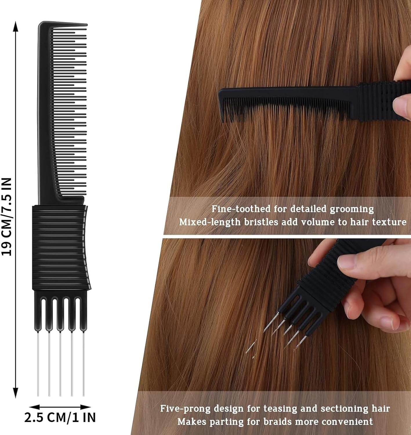 Kzvsiy 4-Pack Black Carbon Teasing Combs with Metal Prongs, Salon-Grade Lift and Back Combs for Styling, Volume, and Precision, Durable Carbon Combs with Stainless Steel Lifts