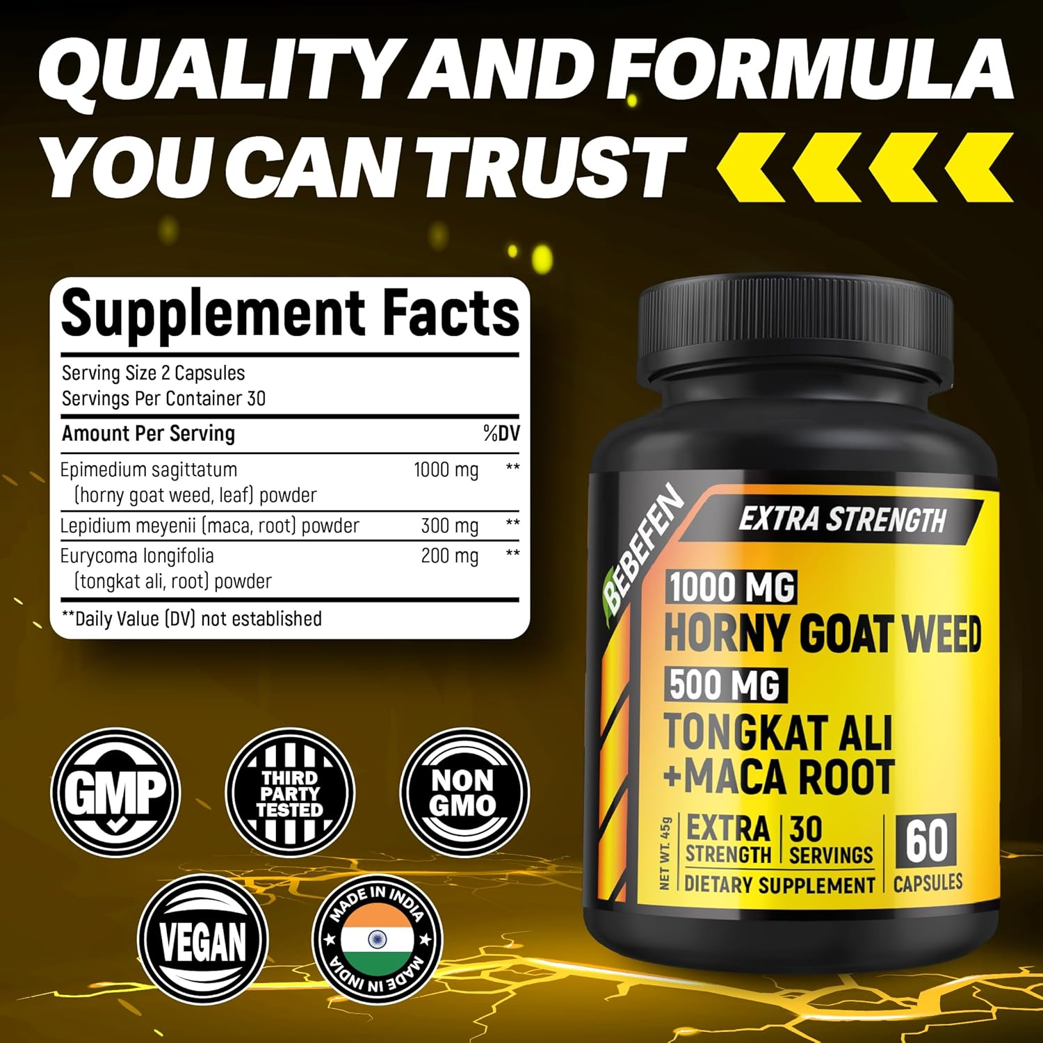 Horny Goat Weed for Men - Extra Strength with Black Maca Root, Tongkat Ali - 60 Capsules image number 6