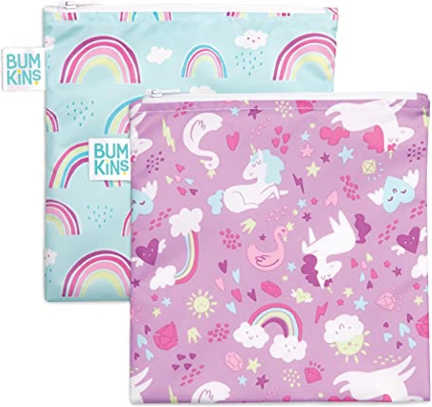 Bumkins Sandwich Bag/Snack Bag, Reusable Fabric, Washable, Food Safe, BPA Free, 7X7 - Rainbows & Unicorns (2-Pack) image number 2