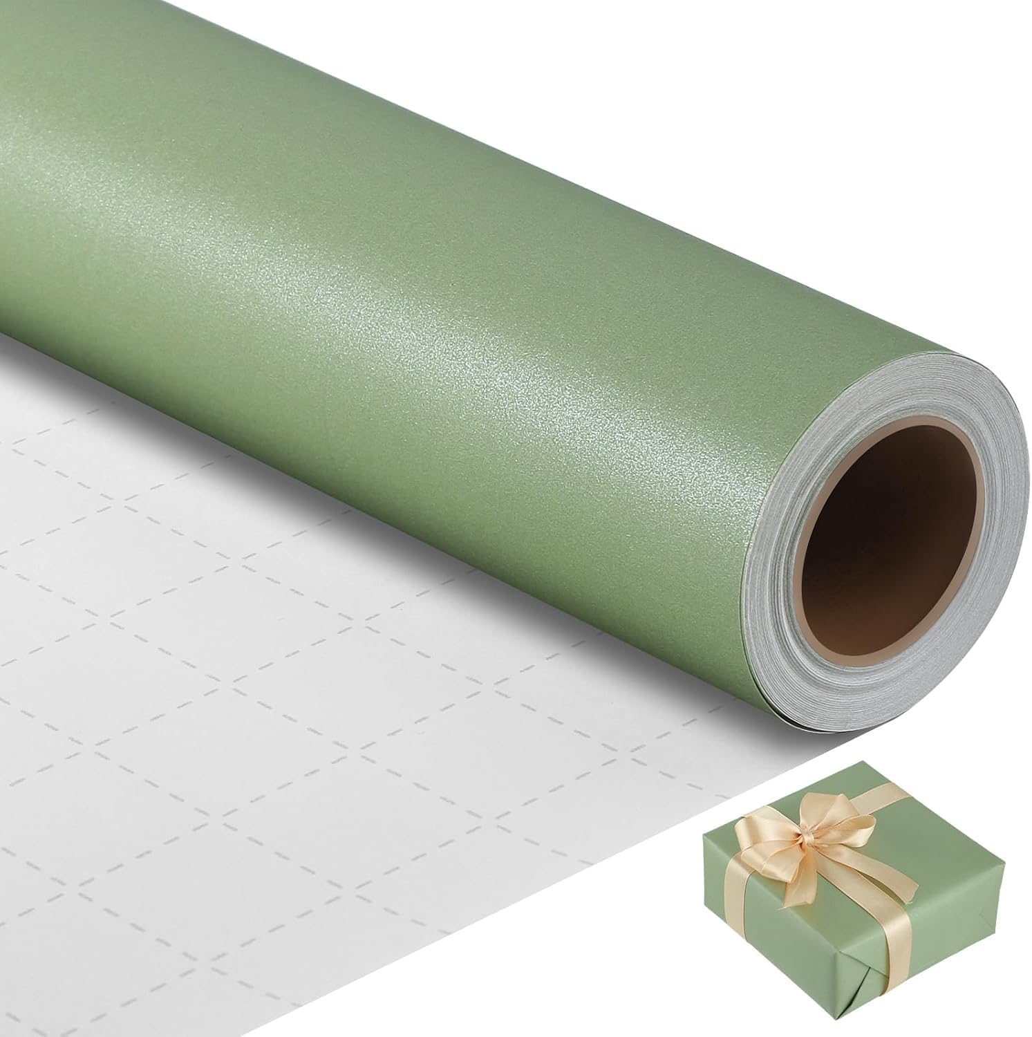 Wrapping Paper Roll,Solid Color Matte Gift Wrap Paper - Pearlescent Lustre,Gift Wrapping Paper W/Grid Lines for Birthday Baby Shower Wedding Christmas Holiday and All Occasions,17In X 32.8Ft (Green)
