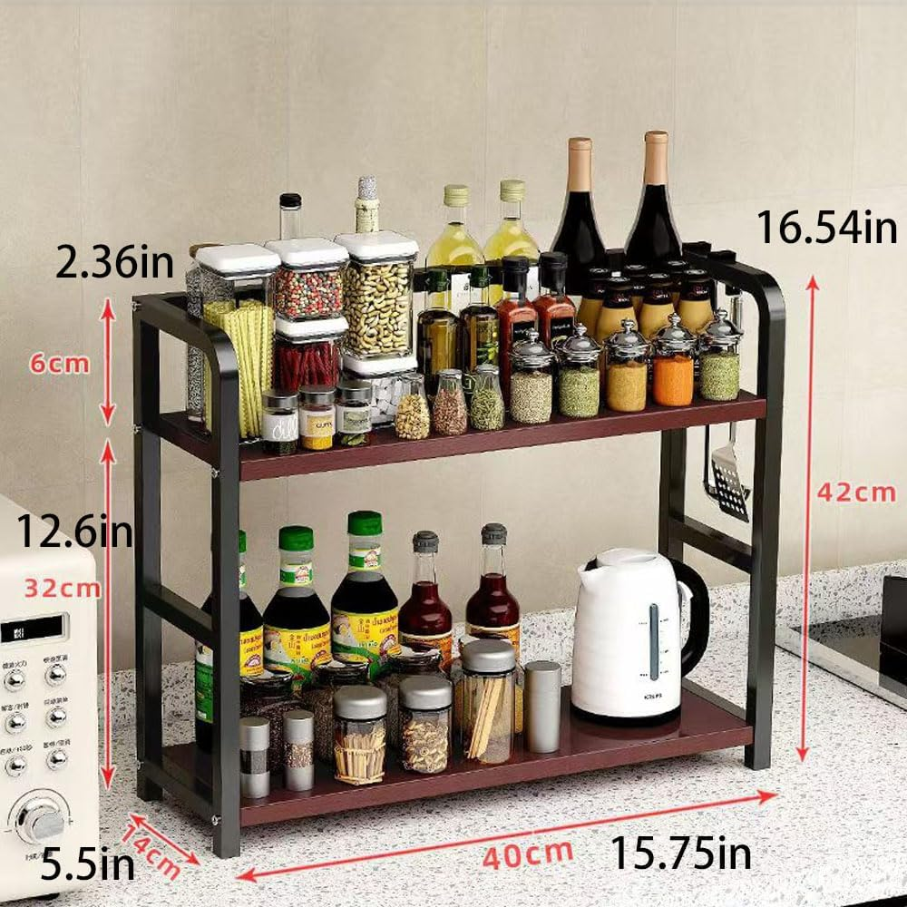 Hbluefat Countertop Shelf Organizer, 2 Tier Kitchen Spice Rack, Dresser Tabletop Perfume Cosmetics Display Shelf, Wood Desktop Shelf Storage for Home Office (Teak+Black)