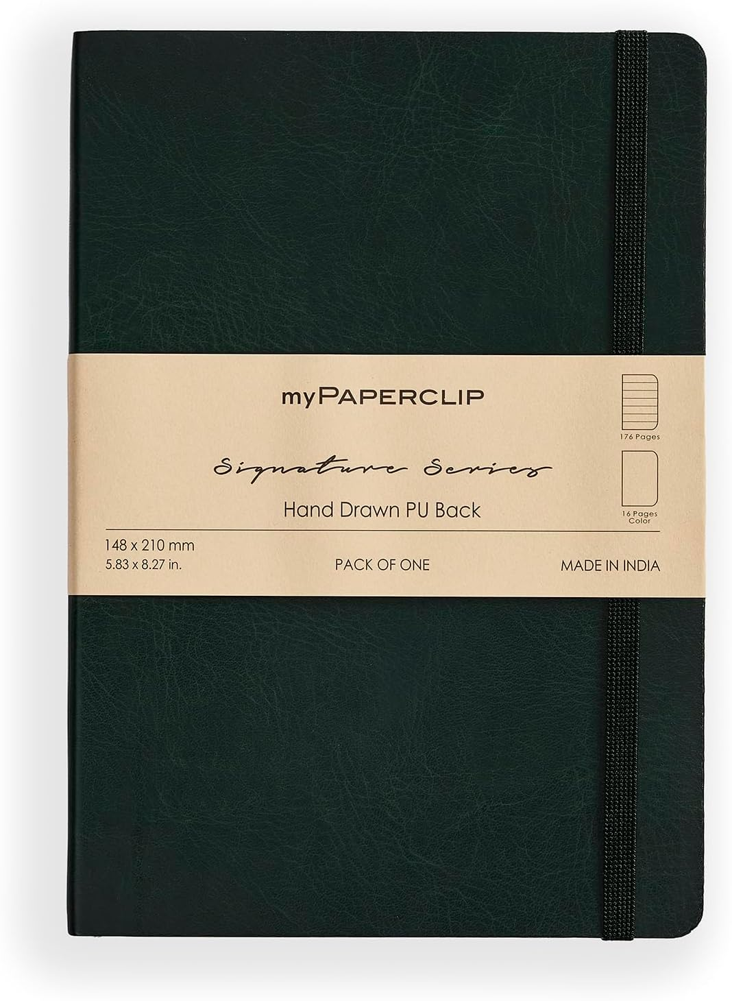Mypaperclip Signature Series A5 Leather Lined Notebook | 192 Pages, 100 GSM, Italian Vegan Leather Soft Cover | Flat Lay | Bookmark & Elastic Closure | Green image number 3