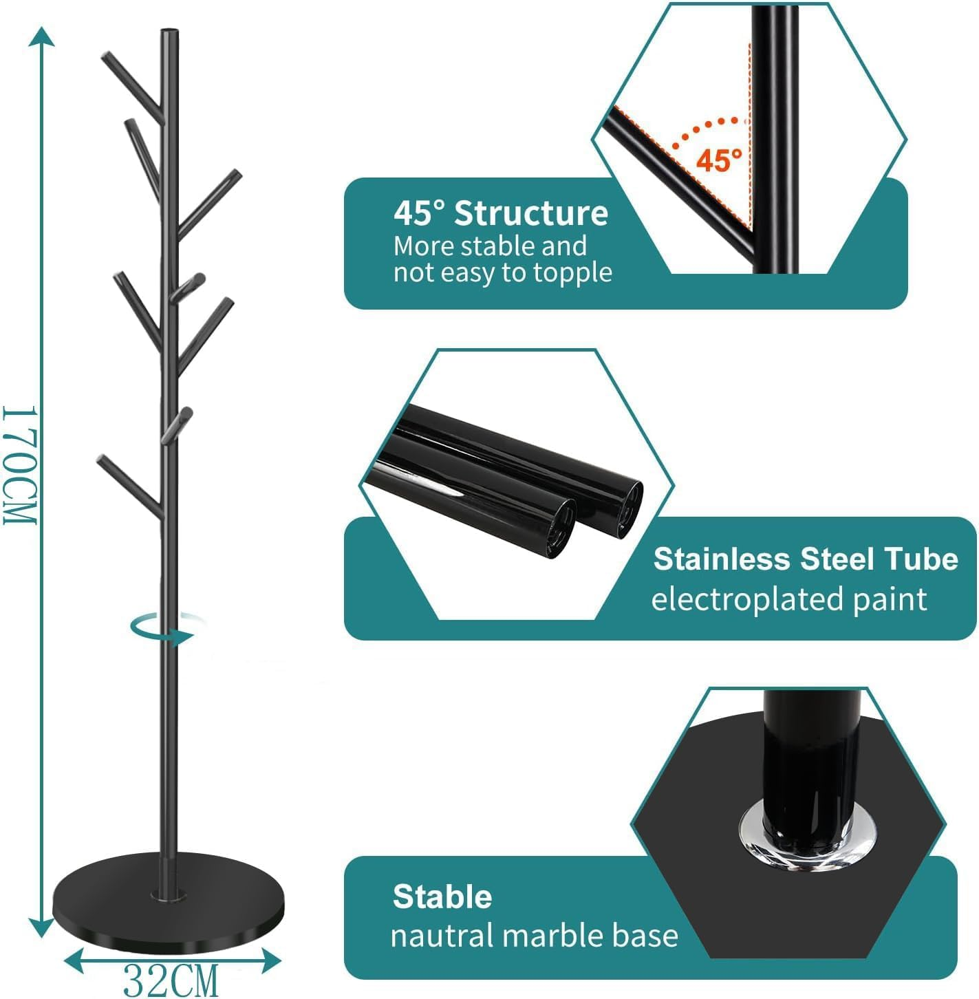Coat Rack with Natural Marble Base, Freestanding Metal Coat Stand with 8 Hooks, Heavy Duty Hanger Hat Holder, Modern Stable Coat Hanger Tree for Bags, Jacket, Clothes, and Hats, Black Metal image number 4
