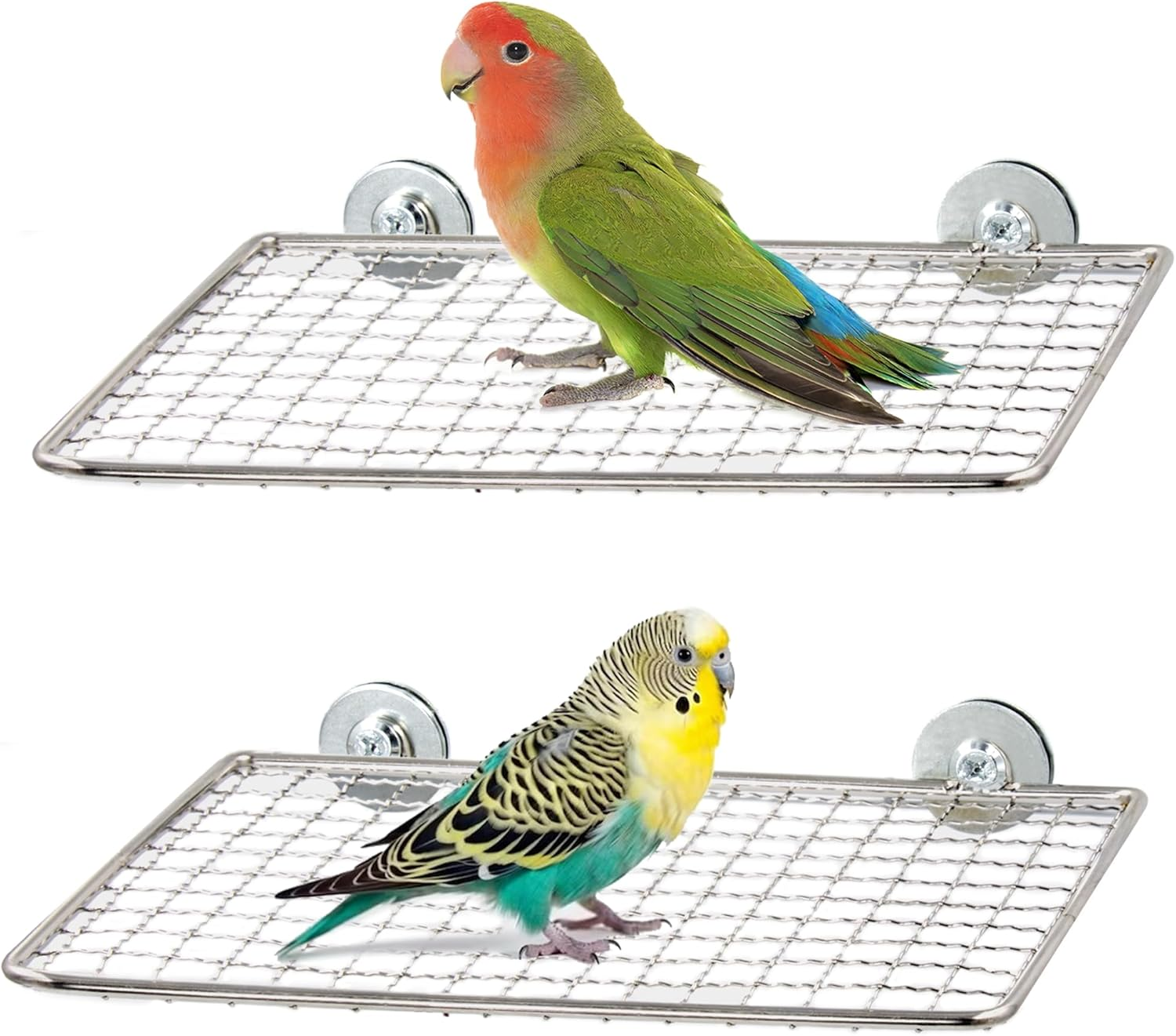 Jevnd 2Pcs Stainless Steel Bird Perches for Cage, Open-Grid Easy Clean Parrot Perch Stand, Claw-Friendly Grip Parakeet Perches Shelves, Flat Bird Platform Perch for Cockatiel, Conure, Budgie, Quaker