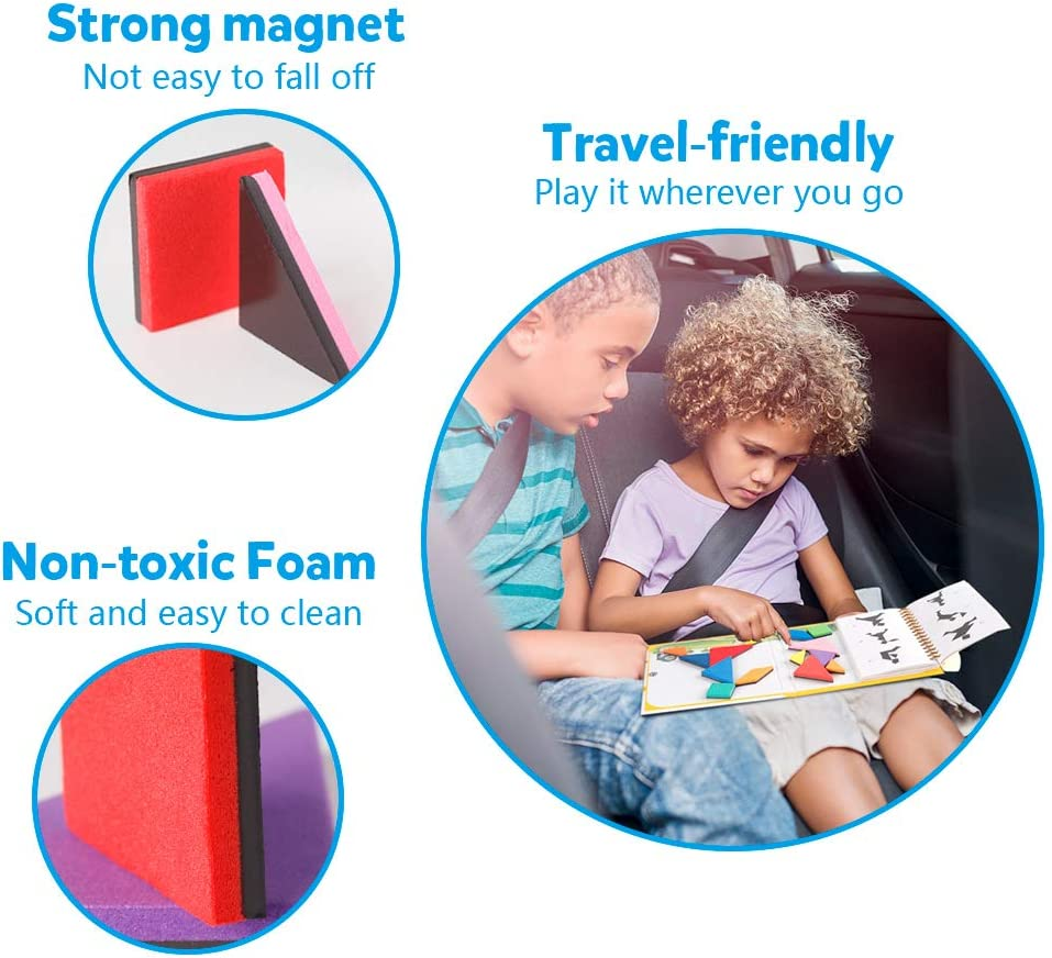 Travel Tangram Puzzle with 2 Set Magnetic Plate- Road Trip Tangoes Games with Solution - IQ Book Educational Toy Brain Teaser for Kid Challenge image number 1
