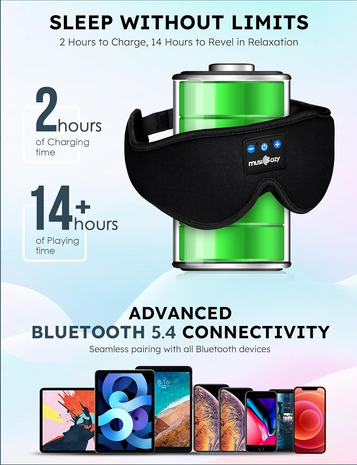 MUSICOZY Sleep Headphones Bluetooth Wireless Sleeping Eye Mask, Office Travel Unisex Gifts Men Women Who Have Everything Top Christmas Cool Tech Gadgets Unique Mom Dad Her Him Adults Teen Boys Girls - Lifht Blue image number 6