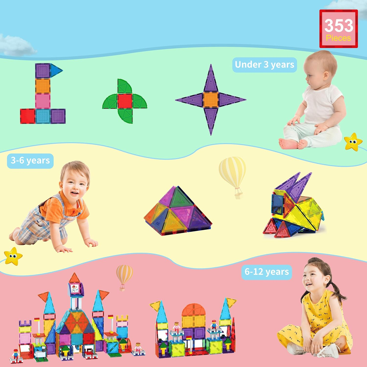 Picassotiles 353Pcsmagnetic Brick Tile and Magnetic Tile Combo Set, Action Figures Included, Building Blocks STEM Toys, Educational Montessori Preschool Toddler Classroom Learning Toys, Kids Activity image number 4