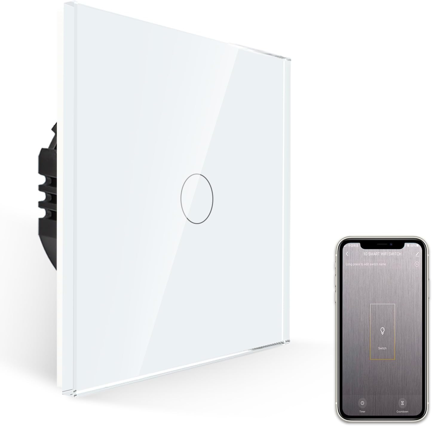 JIMEIDA Smart Touch Light Switch, White Glass Panel, 600 W, Smart Light Switch for Alexa, Google Home, 1 Gang with Status LED, Neutral Conductor Required image number 1
