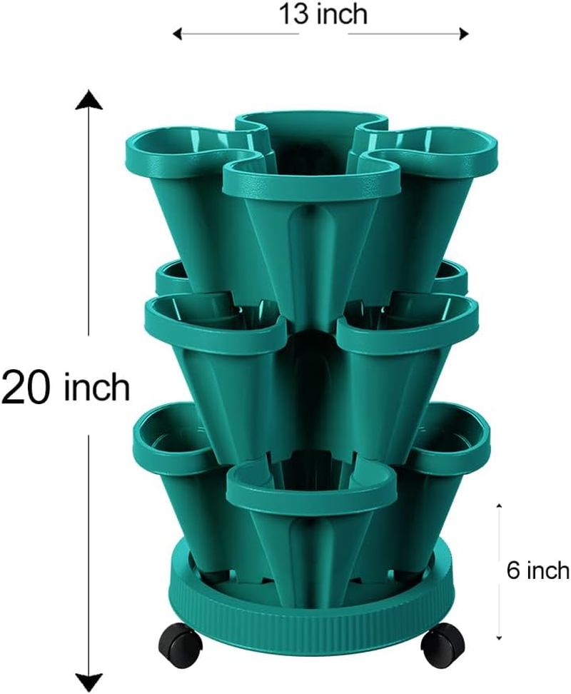 Strawberry Stacking Planters, Vertical Garden Tower, 3 Tiered Stackable Herb Vegetable Planters with Movable Casters and Bottom Saucer Indoor and Outdoor - Hunter Green image number 5