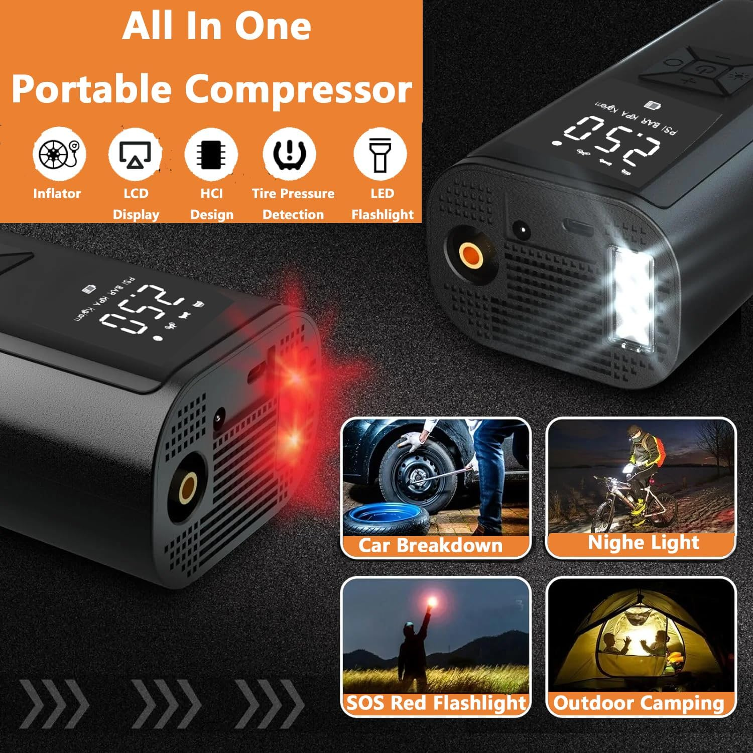 Tire Inflator Portable Air Compressor,150 PSI Fast Inflation,12V DC Portable Air Compressor,Tire Pump with LED Flashlight for Car Tire,Bike,Motorcycles and Balls Tyre Inflator. image number 4