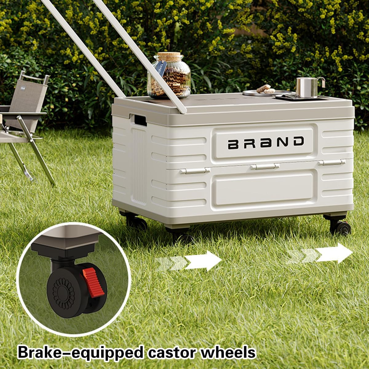 AIMALL Outdoor Folding Storage Box with Wooden Lid 20.4X13.9X13.9In Large Capacity Car Trunk Camping Clothes Organiser with Handles for Travel Garage Home Use - Latch Switch Cover image number 4