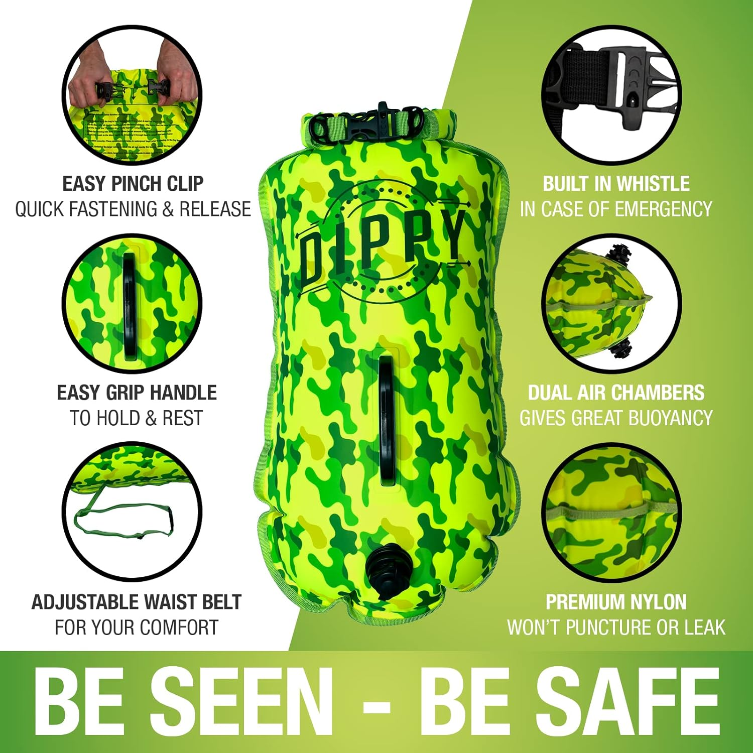 DIPPY Tow Floats for Open Water Swimming | 28L Swim Buoy Open Water Swimming Float | Waterproof Swimming Buoy | Tow Float Dry Bag | Wild Swimming Float | Wild Swimming Accessories (Green Cammo) image number 6