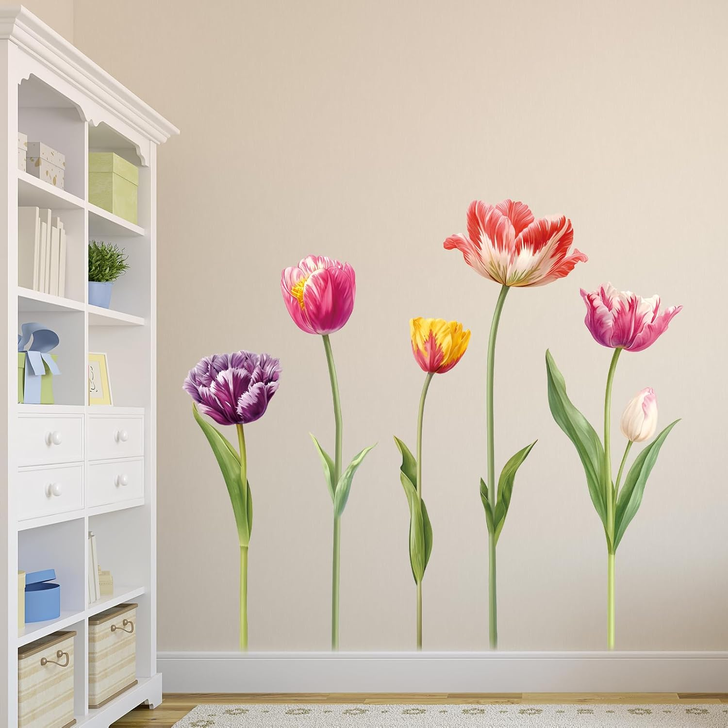 5 Large Tulip Flowers Wall Stickers - Wildflower Floral Garden Wall Stickers - Girls Bedroom Living Room Sofa TV Background Home Wall Decor image number 1