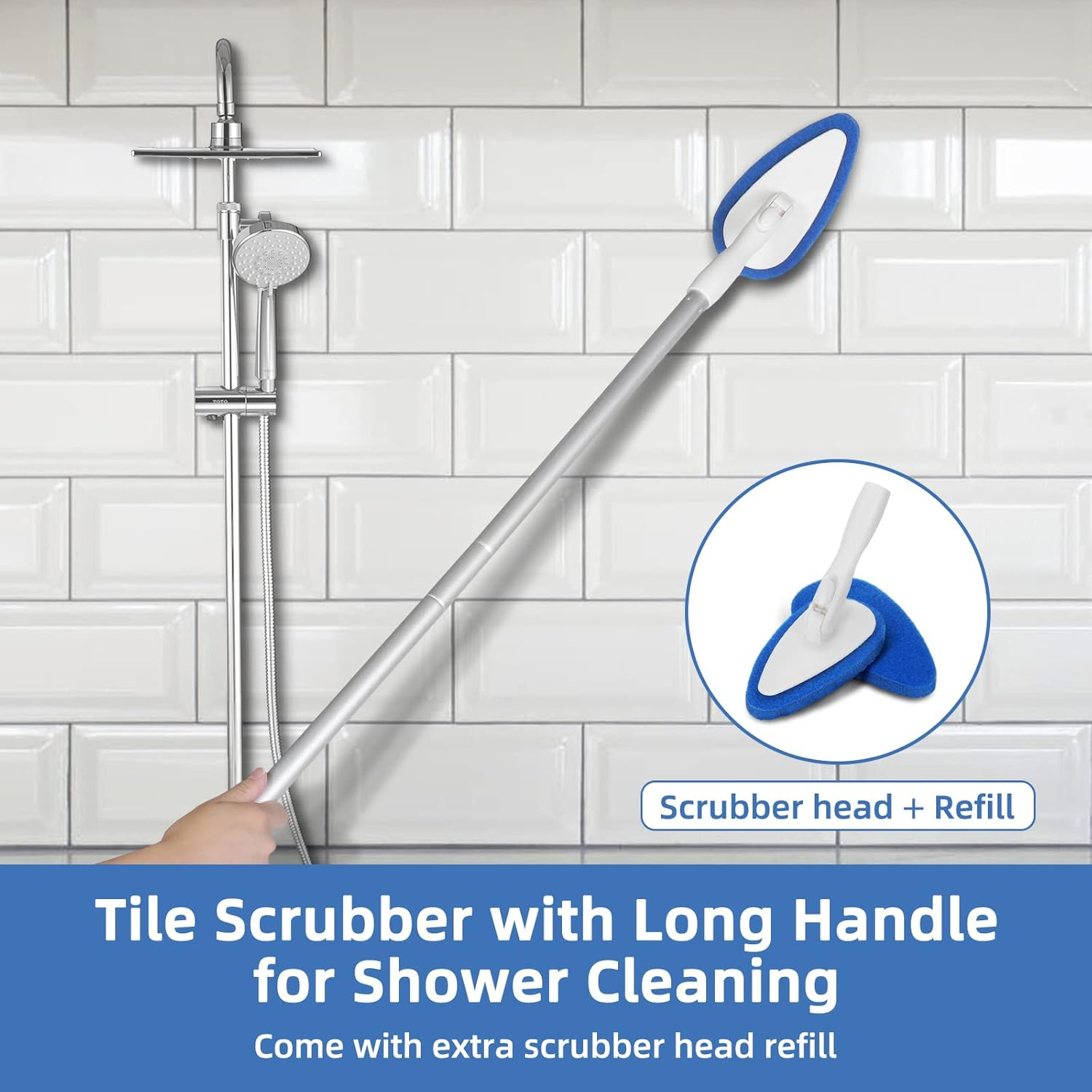 Qaestfy Shower Bathtub Tub and Tile Scrubber Brush with 51'' Adjustable Long Handle Cleaning Brushes Lock in Place Scrub Brush Head for Bathroom Wall Floor Scrubbing Model QAE008 image number 6